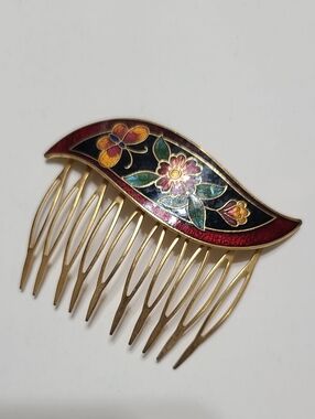 Vintage Cloisonne Enamel Hair Comb Butterfly and Flower Gold Tone Colorful